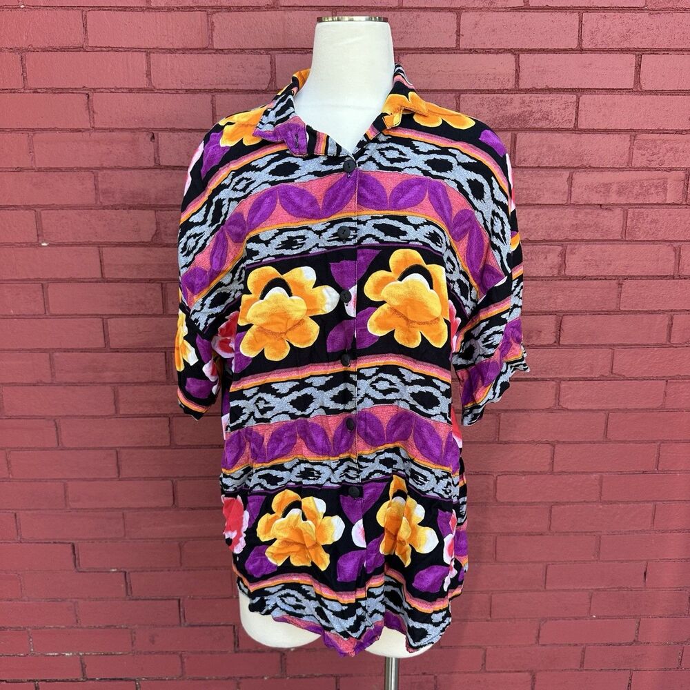 Vintage 80s Venezia Flora Button Down Shirt Size 2XL Electric Neon Psychedelic